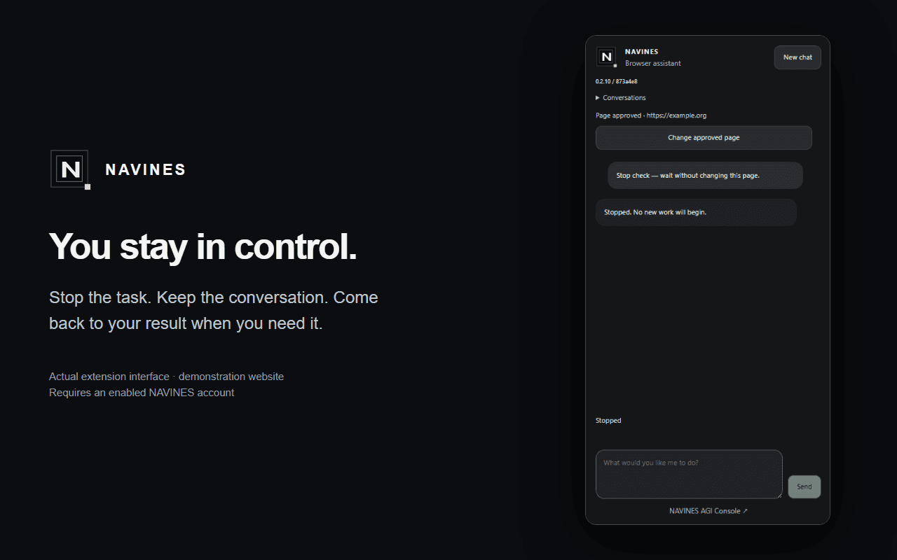 NAVINES Browser Assistant side panel showing an approved demonstration page and a stopped task